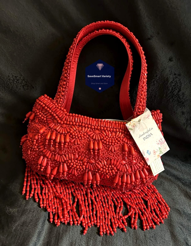 New Release Handcrafted in India Red Fringe Top Handle Beaded Bag Viral TikTok