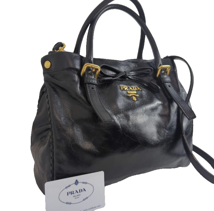 Authentic Prada Ribbon Calf Leather Black 2Way Hand Bag Shoulder Bag Vintage gallery