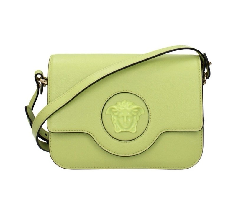 Versace La Medusa Logo Plaque Lime Pebbled Leather Crossbody Bag New $1600.