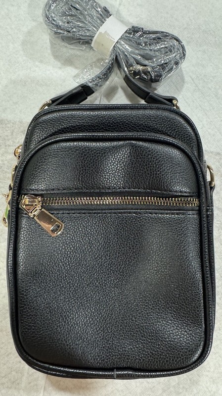 Black Crossbody Bag Pebbled Faux Leather Gold Tone Hardware Multi Pocket