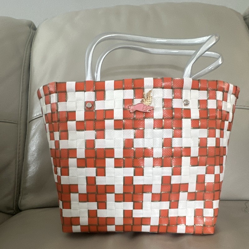Women’s Red & White Woven Pattern Tote Bag with Clear Plastic Top Handles