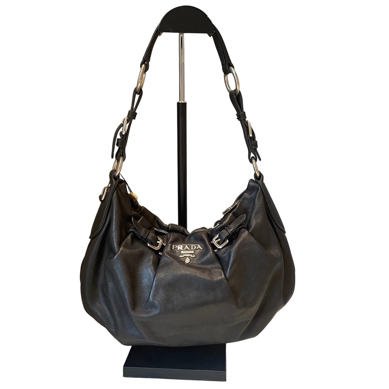 Prada Black Silver Sailing Logo Ruched Shoulder Bag