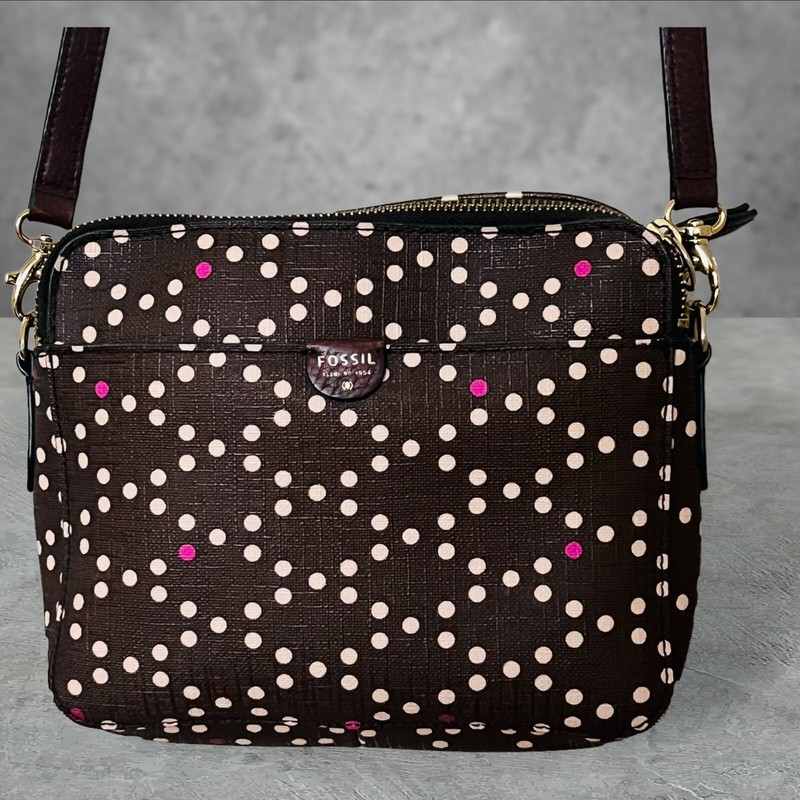 FOSSIL Crossbody Shoulder Bag Purse Handbag Sydney Brown Pink Polka Dot Leather