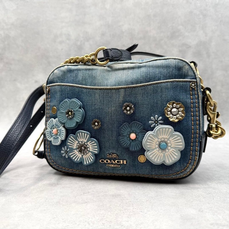 COACH 68224 Tea Rose Denim Floral Chain Camera Shoulder Crossbody Bag Leather