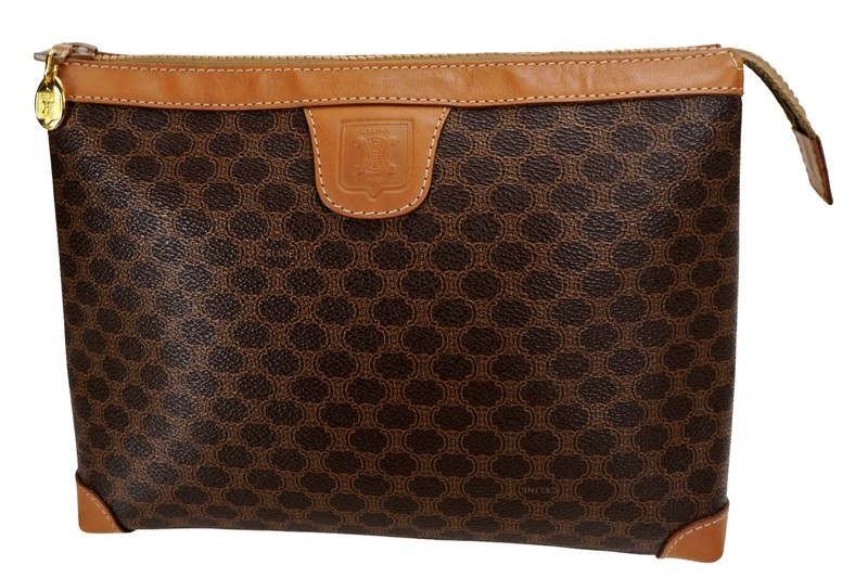 Authentic CELINE Triomphe Macadam Leather Clutch Cosmetics Travel Bag Italy