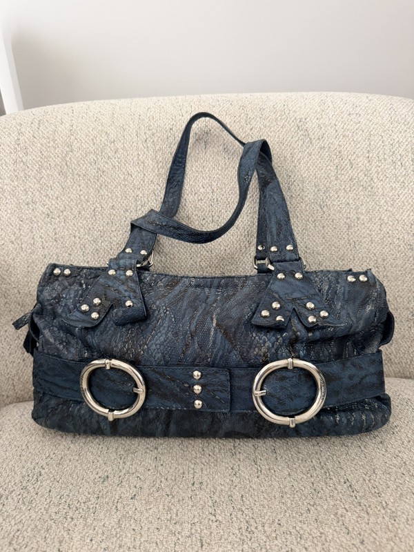 Petusco Y2K Genuine Leather Shoulder Bag Blue Studded Biker Buckle McBling