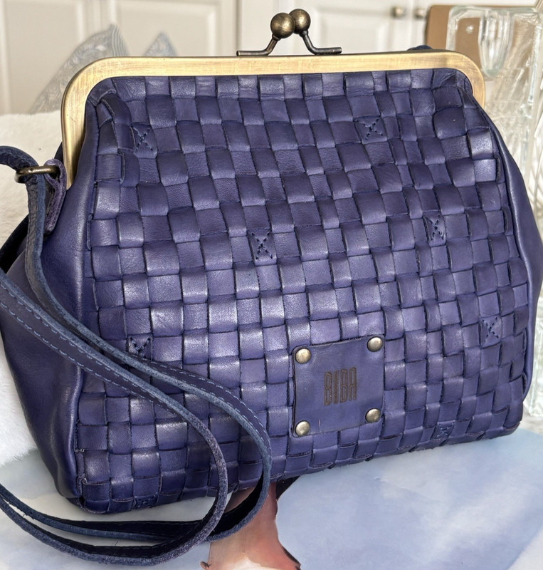 Biba Purple Leather Crossbody Handbag Pockets Cotton Lined Made in Spain 11"W