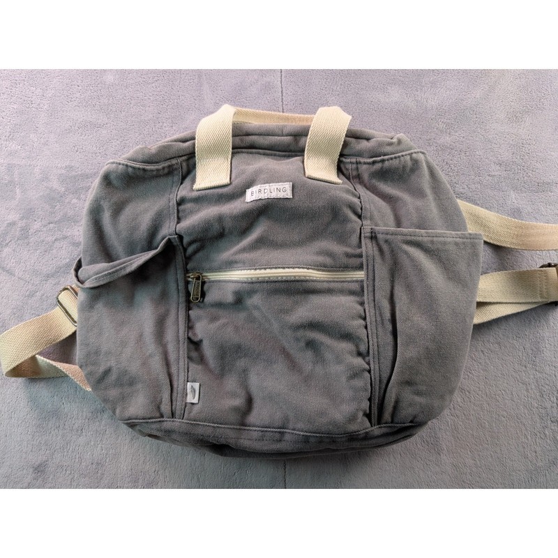 Birdling Canvas Backpack Gray Cream Straps Pinstripe Lining Multi Pocket Bag