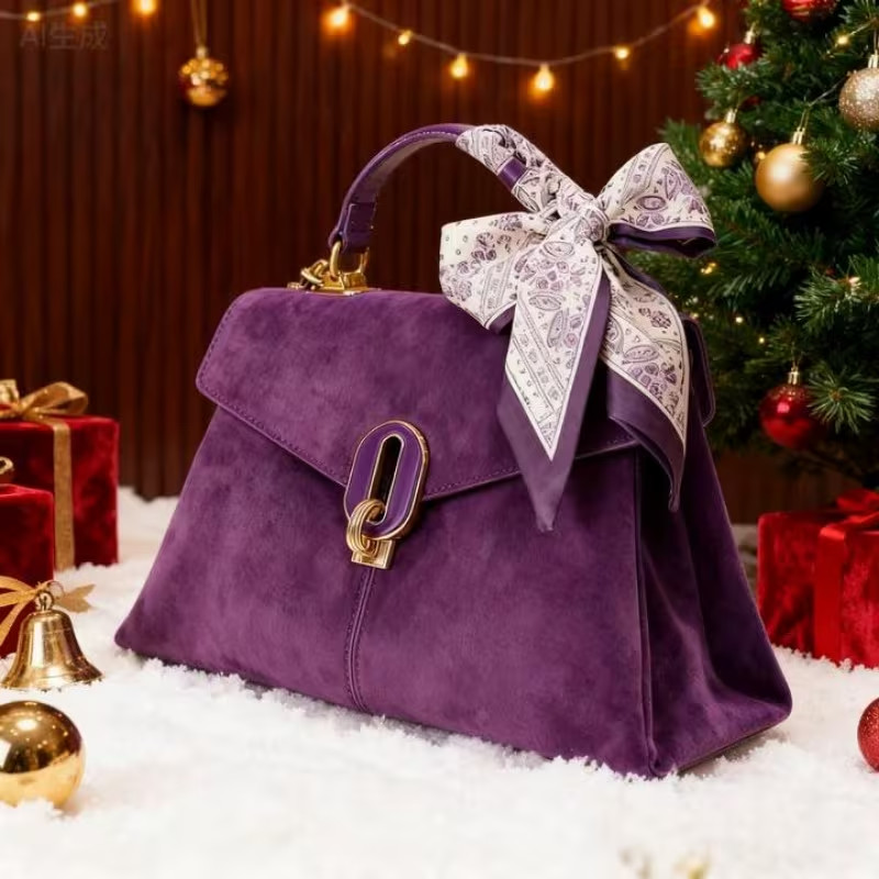 Purple Satchel Bag Women Vintage Suede Crossbody Purse w/ Scarf & Top Handle