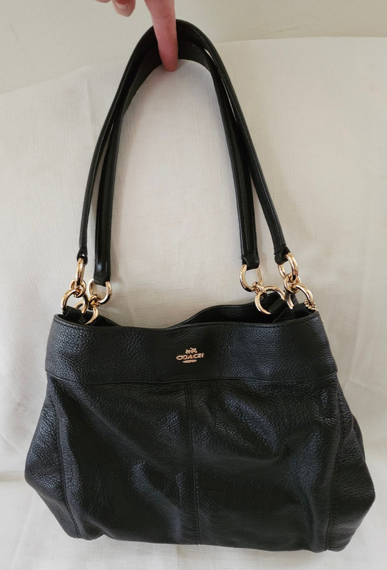 COACH Black Leather Shoulder Bag Purse, Pebble Leather, Multi Pocket Tote Bag