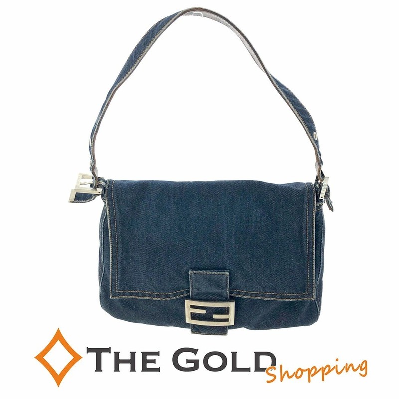 FENDI Mamma Baguette Denim Shoulder Bag Indigo Navy Blue FF Logo 26325 Classic