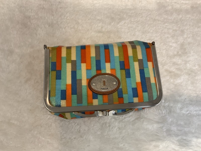 Vintage Fossil Snap Metal Frame Pouch Bag Clutch Coated Canvas Makeup Mirror