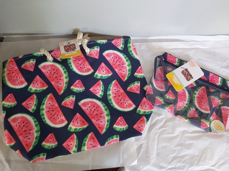 New Beach Canvas Tote Bag Rope Handles With Matching Swim Suit Case Watermelon