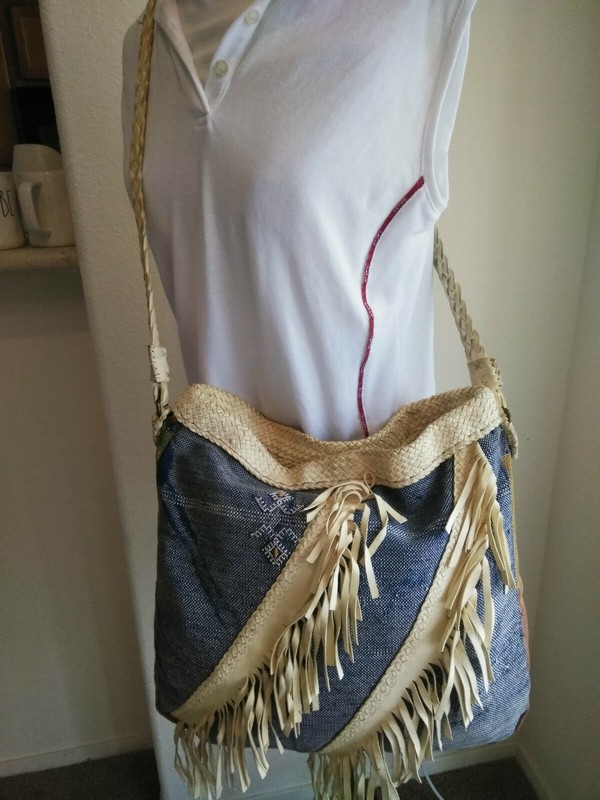 En Shalla Large Denim & Leather Bohemian Fringed Handbag With Tribal Print