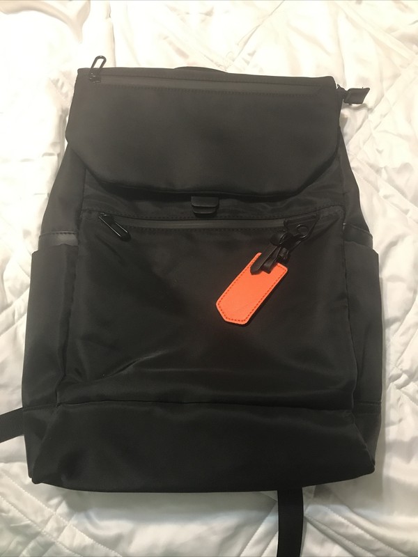 Black Nylon Backpack 16 ” H, 15″ W, 6.5″ D Multiple 5 Pockets Orange handle NEW