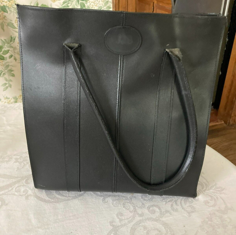 Tote Bag Leather in Black Stiff Leather Unlined Suede interrior 12″ x 13″ x 5″