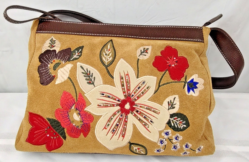 Preston & York Purse Handbag Leather Suede Tan Brown Shoulder Embroidery Beaded