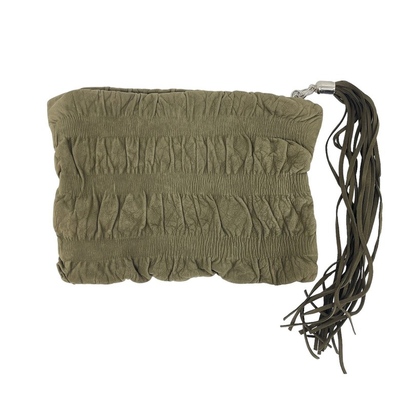 Jenny Bird Green Suede Clutch Ruched Purse Handbag w/ Tassel 13″ x 10″