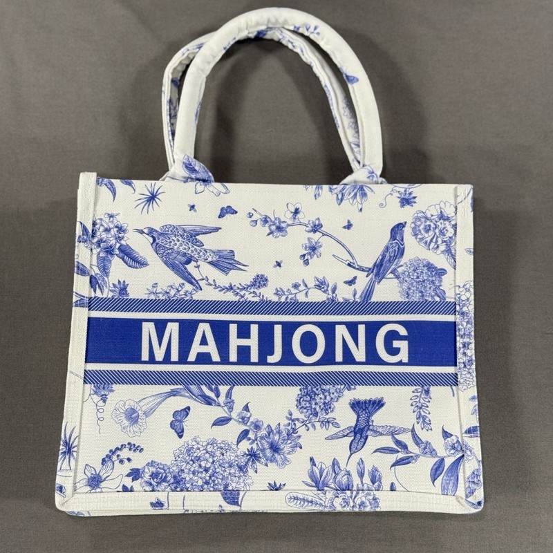 Blue Floral Mahjong Tote Bag Canvas Handbag Game Storage Carry Bag