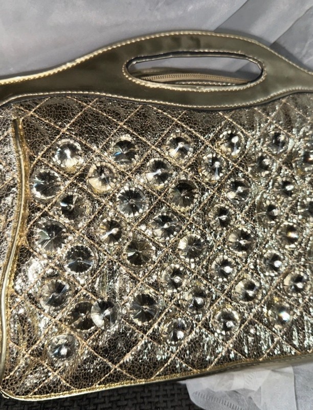 Gold Metallic Quilted Rhinestone Shoulder Bag Zip Closure Detachable Strap