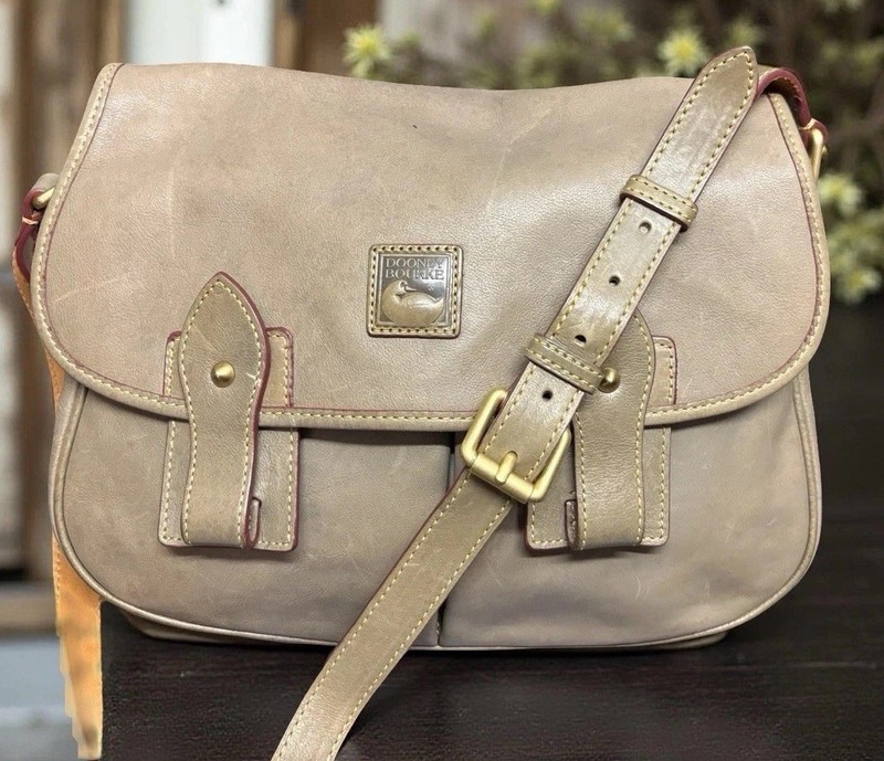 Dooney Bourke Elephant Gray Taupe Florentine Leather Saddle Messenger Bag