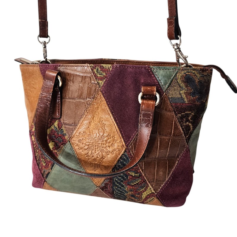 Vintage FOSSIL Patchwork Tapestry Leather Satchel Bag Boho Suede Croc Floral Y2K
