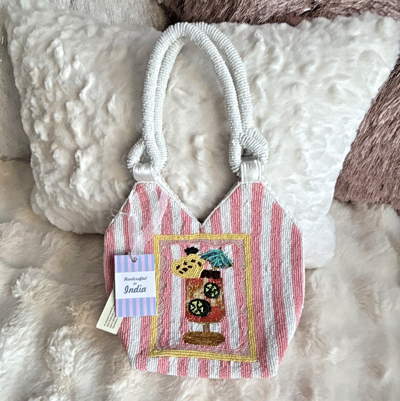 Handcrafted in India Pink Striped Cocktail Mini Tote Top Handle Bag