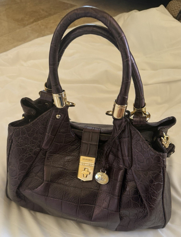 Brahmin Brown Crocodile Satchel Top Handle Bag Detachable Strap Turn Lock