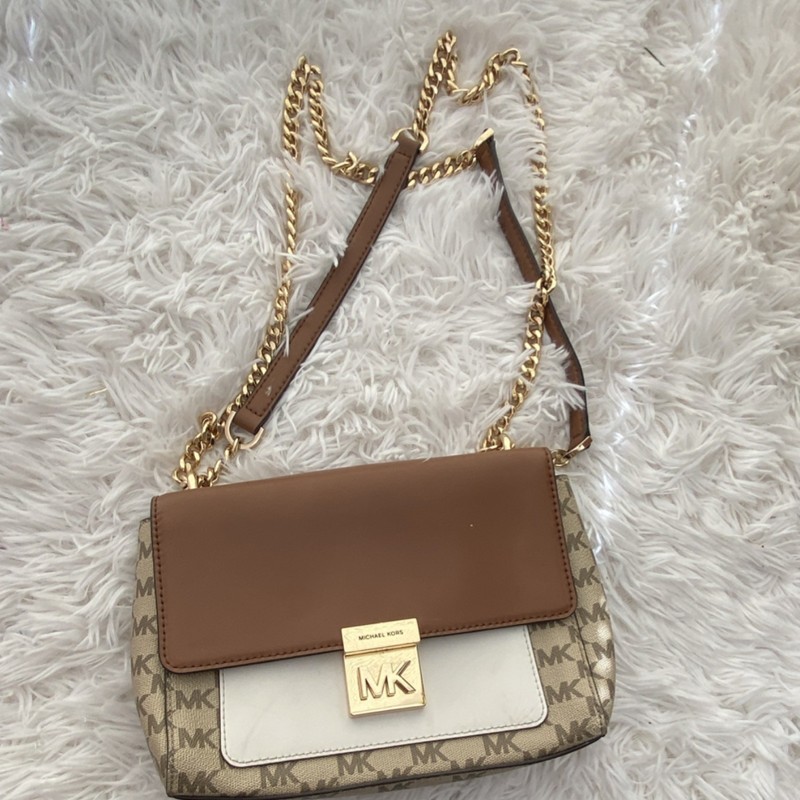 Michael Kors Logo Chain Strap Shoulder Bag Brown Gold Hardware