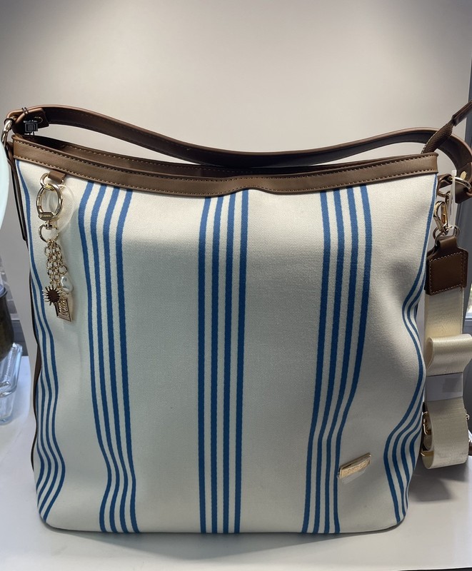Laundry By Shelli Segal Blue Stripe Canvas Tote Bag Brown Trim NWT