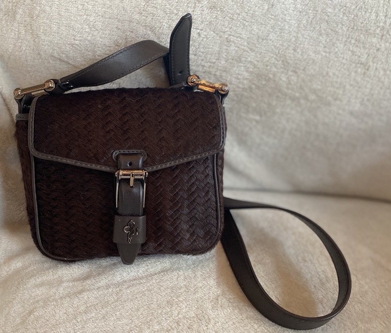 COLE HAAN Brown Cowhide Fur & Leather Trim Small Crossbody Bag
