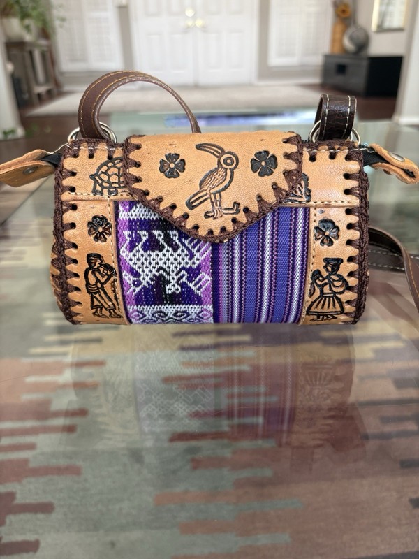 Tan/Purple Llama Woven Crossbody Bag Zip Snap Closure Adjustable Detach Strap