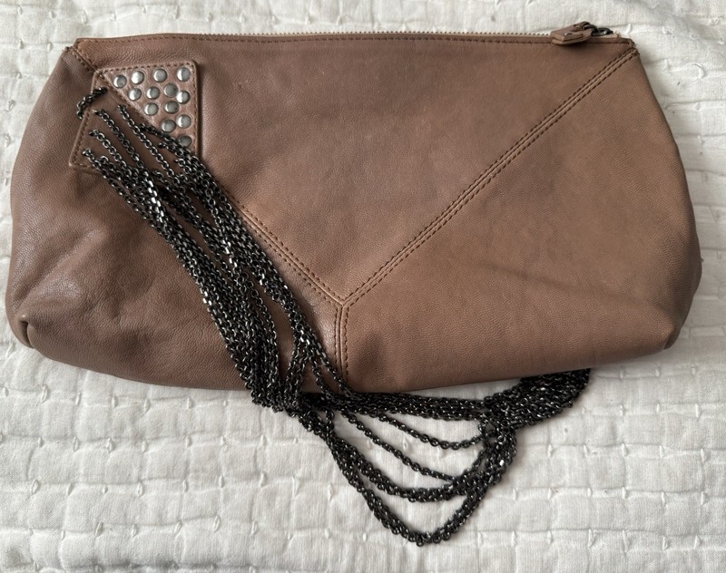 Bliss Lau Brown Leather Clutch Bag Chains Rare