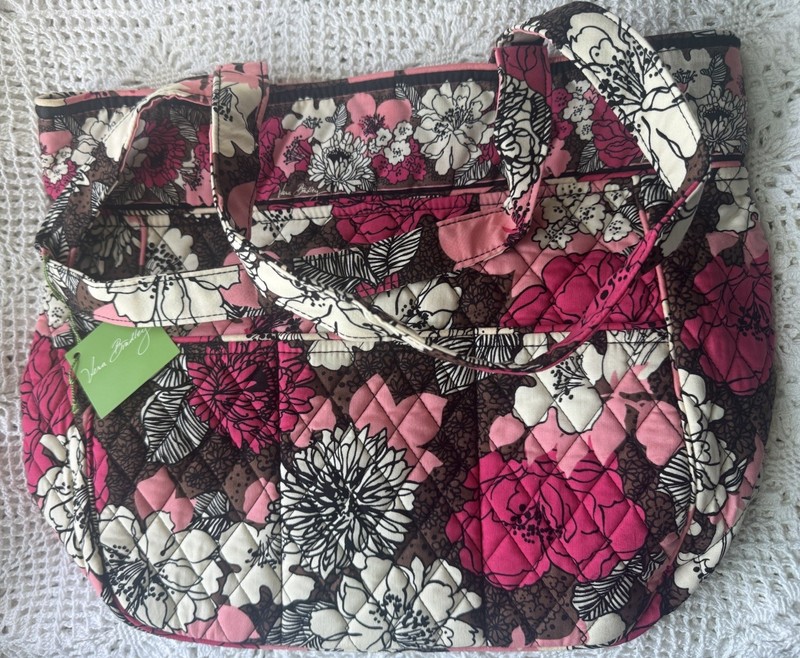 NWT Vera Bradley Tote Three Pocket Mocha Rouge Cotton Pink, Brown, White Pockets