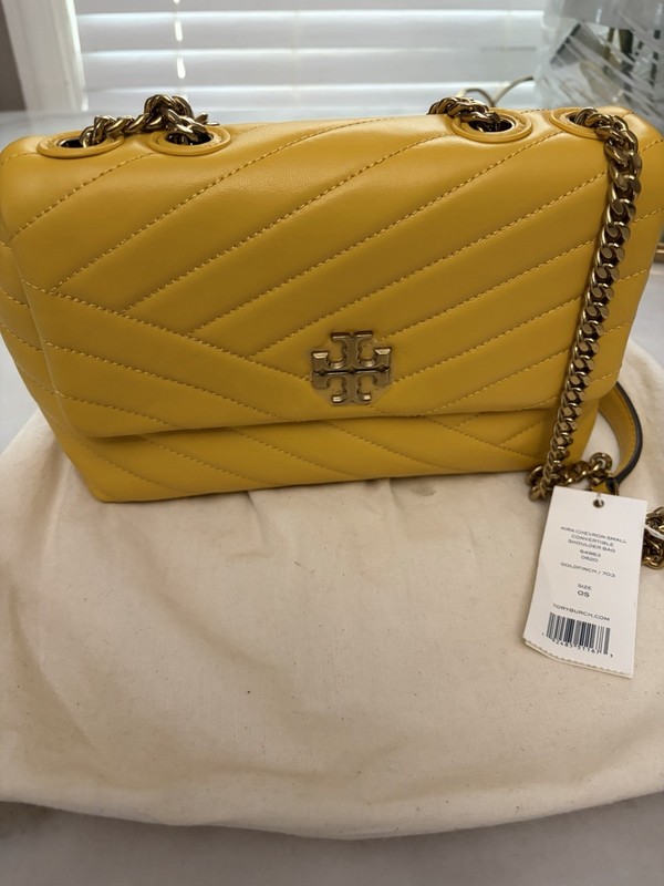 Tory Burch Kira Small Convertible Shoulder Bag Yellow Chevron Quilted Gold Chain