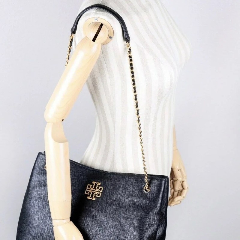 Tory Burch Britten Triple Compartment Leather Tote in Black and Rolled Gold gallery