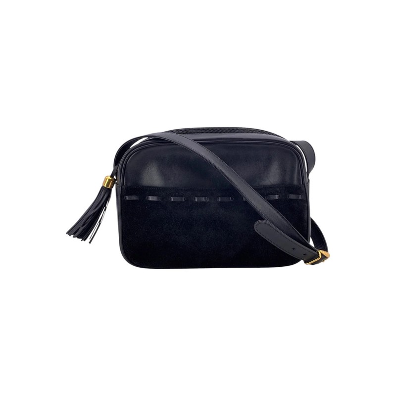 Authentic Gucci Vintage Black Suede and Leather Tassel Crossbody Camera Bag
