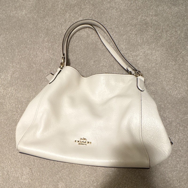 Coach White Pebbled Leather Shoulder Bag, Medium Crescent Zip, Gold, Hang Tag