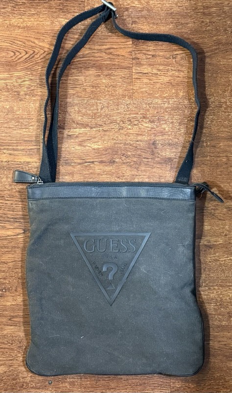 Vintage Guess Heavy Washed Canvas Double Zip Square Black Shoulder Bag Cotton