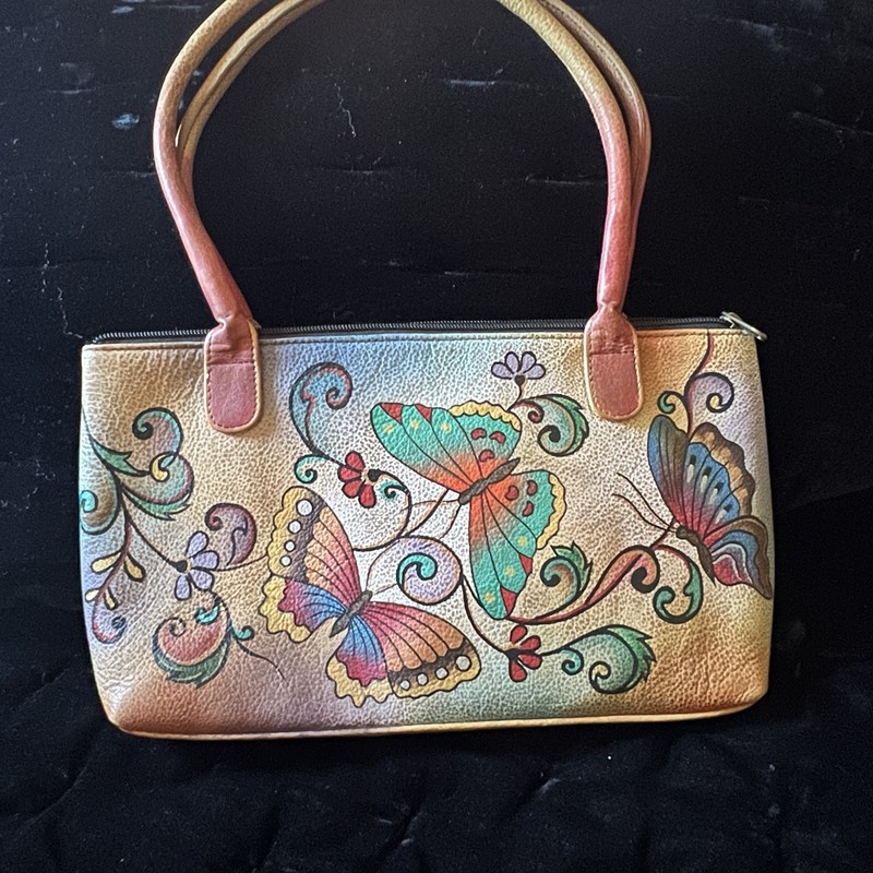 Anuschka Genuine Leather Hand Painted Butterfly Floral Shoulder Bag Purse India