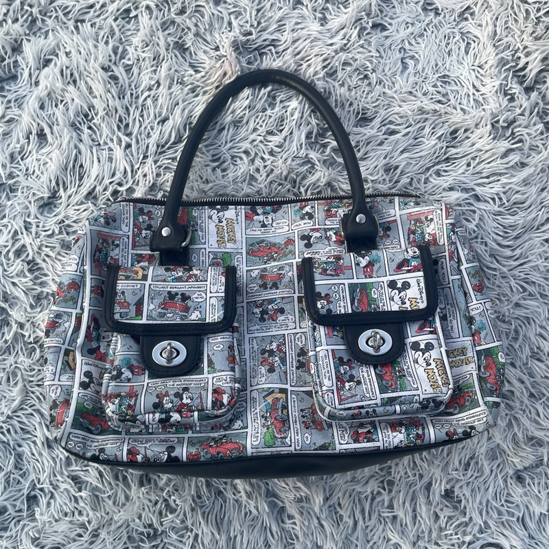 Women’s Mickey Mouse Comic Print Satchel Top Handle Bag, Zip Turn Lock, Pockets