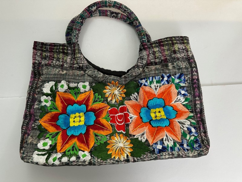 Floral embroidered Hupil cotton woven fabric purse 16 x 12 x 4