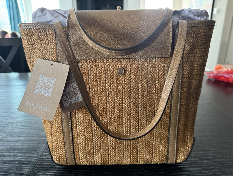 Eric Javits Women’s Brown Woven Tote, Leather Double Handles, Snap, Gold