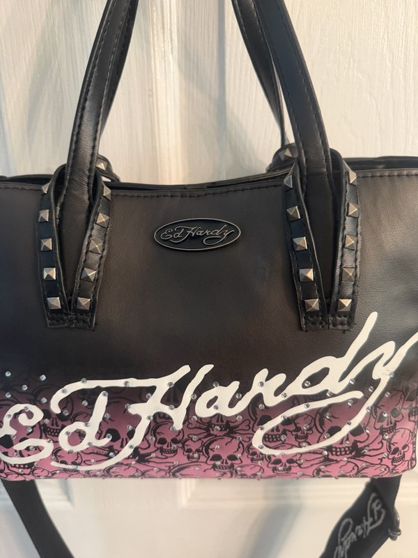Ed Hardy Black and Pink Skull Shoulder Bag