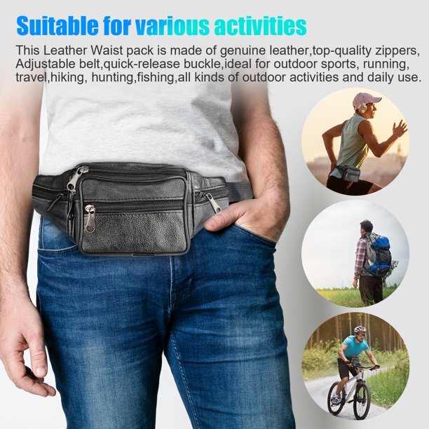 Genuine Leather Fanny Pack Multi Zippered Waist Bag Hip Belt Purse Black Pouch gallery
