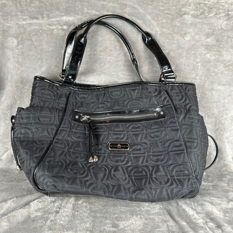 Etienne Aigner Black Quilted Logo Nylon Shoulder Bag Patent Trim Tote