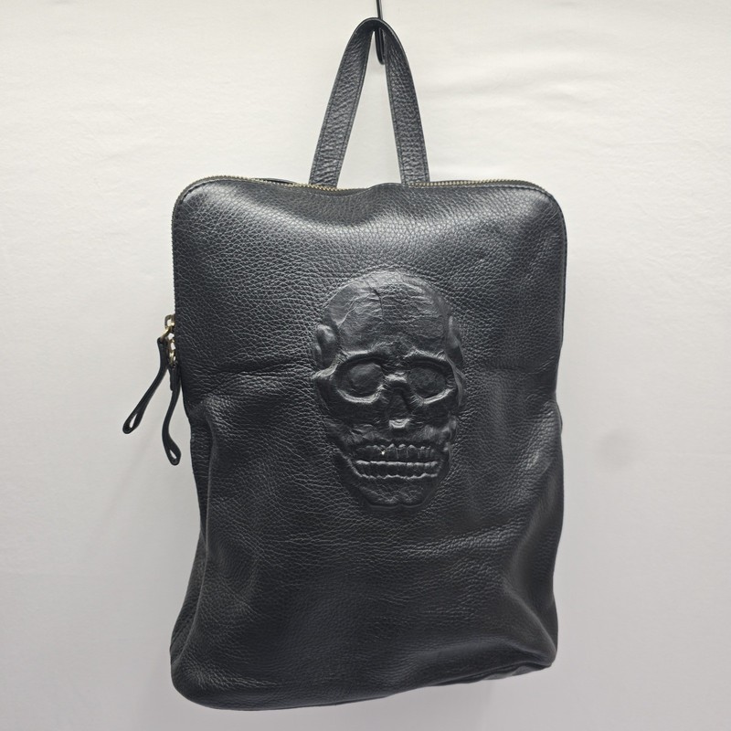 Black Pebbled Leather Embossed Skull Convertible Backpack Shoulder Bag Edgy Goth