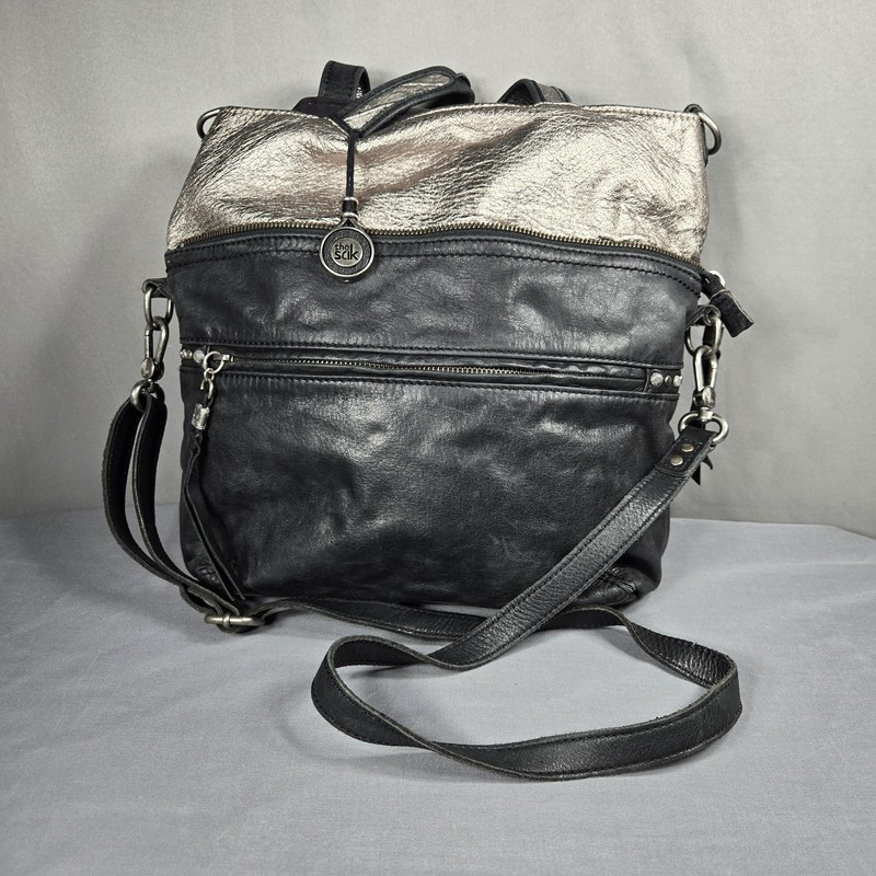 The Sak Brea Leather Crossbody Bag 6-in-1 Convertible Black Metallic Medium