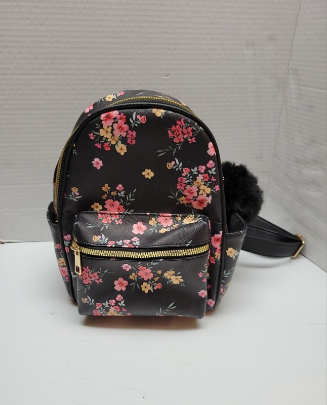 Like Dreams Backpack Polyvinyl Pink Flowers On Black Nice Condition Small