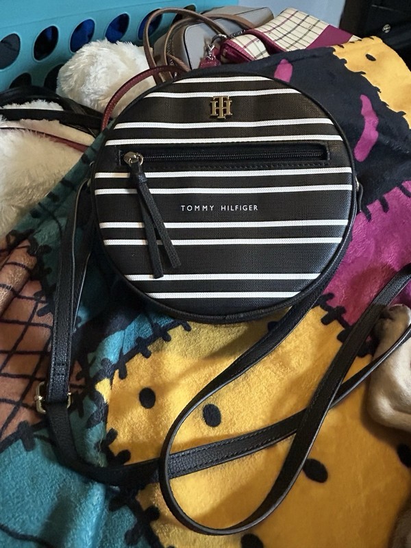 Tommy Hilfiger Black/White Striped Round Crossbody Bag Zip Closure Strap